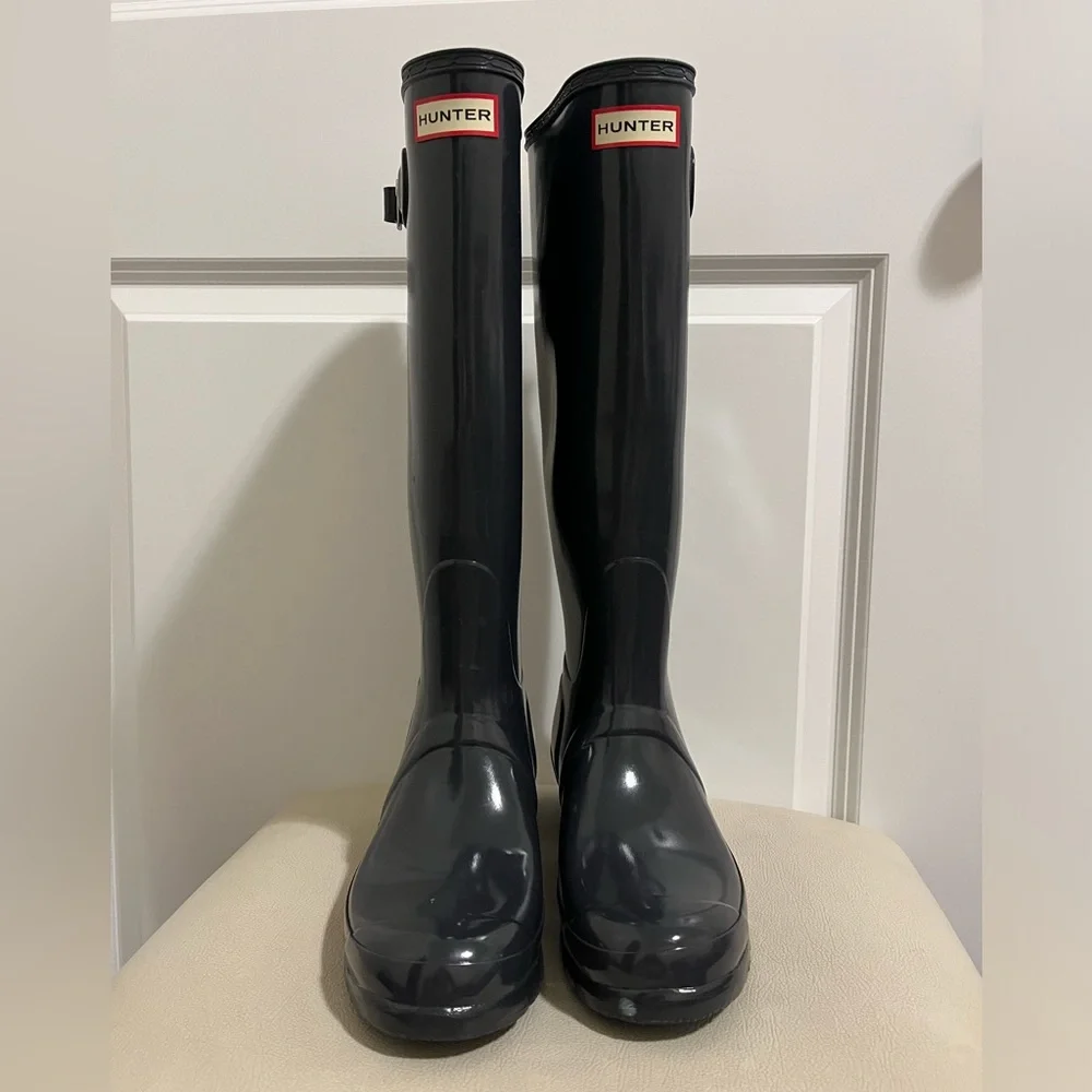 HUNTER Original Tall Black Gloss Buckle Strap Rain Boots Big Girls Size 5